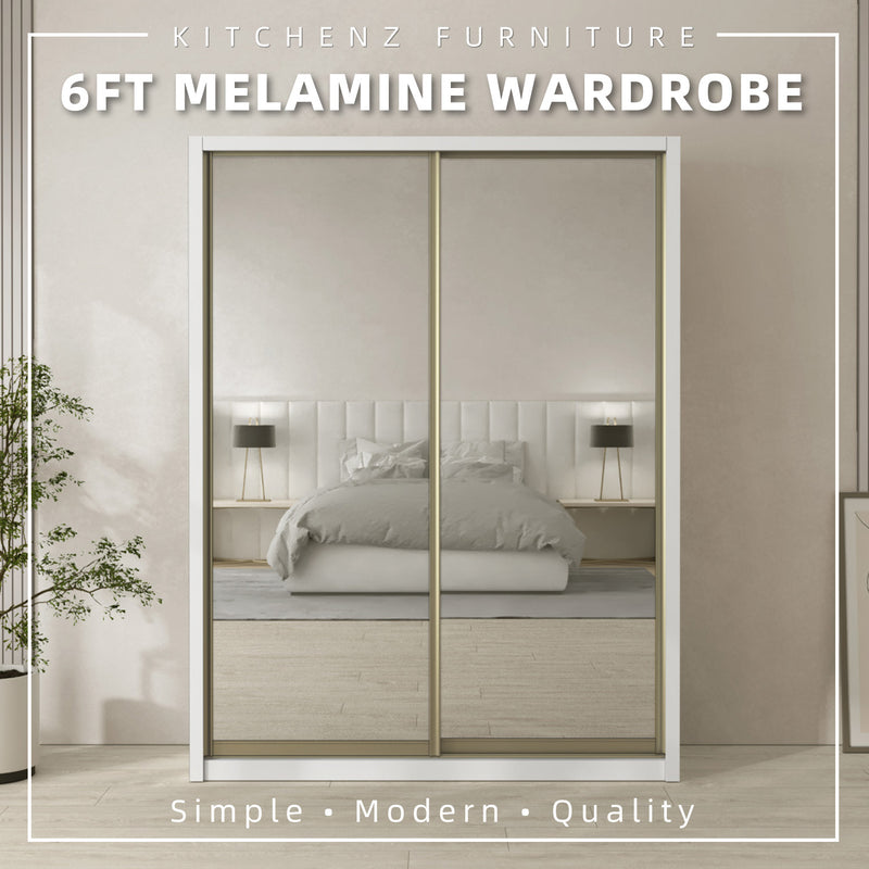 [FREE Shipping & FREE Installation] 6x8FT Melamine Sliding Wardrobe Bronze Frame Anti Jump Cabinet Almari Baju - B+B/B+D/B+E/B+F