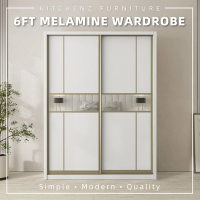 [FREE Shipping & FREE Installation] 6x8FT Melamine Sliding Wardrobe Bronze Frame Anti Jump Cabinet Almari Baju - B+B/B+D/B+E/B+F