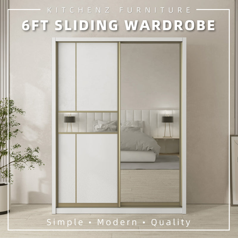 (EM) [FREE Shipping & FREE Installation - KK ONLY] 6x8FT Melamine Sliding Wardrobe Bronze Frame Anti Jump Cabinet Almari Baju - B+B/B+C/B+D/B+F