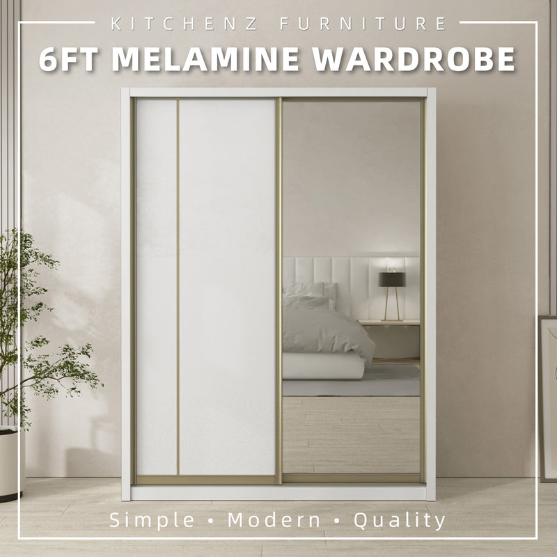 [FREE Shipping & FREE Installation] 6x8FT Melamine Sliding Wardrobe Bronze Frame Anti Jump Cabinet Almari Baju - B+B/B+D/B+E/B+F