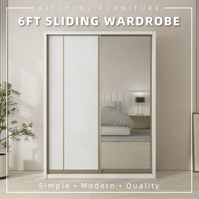 (EM) [FREE Shipping & FREE Installation - KK ONLY] 6x8FT Melamine Sliding Wardrobe Bronze Frame Anti Jump Cabinet Almari Baju - B+B/B+C/B+D/B+F