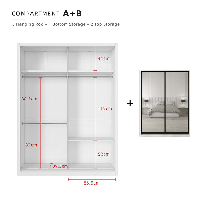 (EM) [FREE Shipping & FREE Installation - ONLY KK] 6x8FT Melamine Sliding Wardrobe Black Frame Anti Jump Storage Cabinet Almari Baju