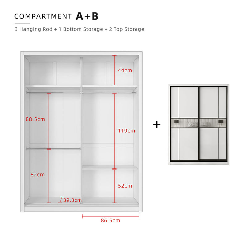 (FREE Shipping & FREE Installation) 6x8FT Melamine Sliding Wardrobe Black Frame Anti Jump 5 Tier Corner Cabinet Almari Baju