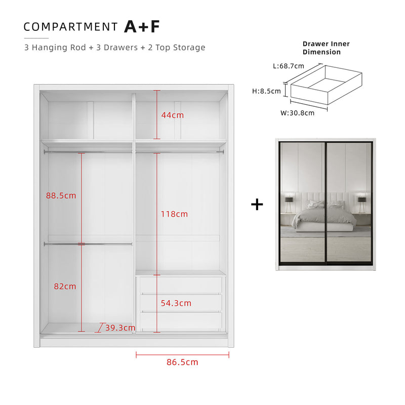 (FREE Shipping & FREE Installation) 6x8FT Melamine Sliding Wardrobe Black Frame Anti Jump 5 Tier Corner Cabinet Almari Baju