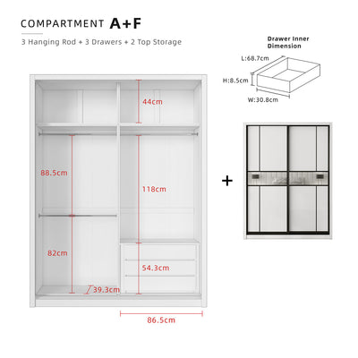 (EM) [FREE Shipping & FREE Installation - ONLY KK] 6x8FT Melamine Sliding Wardrobe Black Frame Anti Jump Storage Cabinet Almari Baju