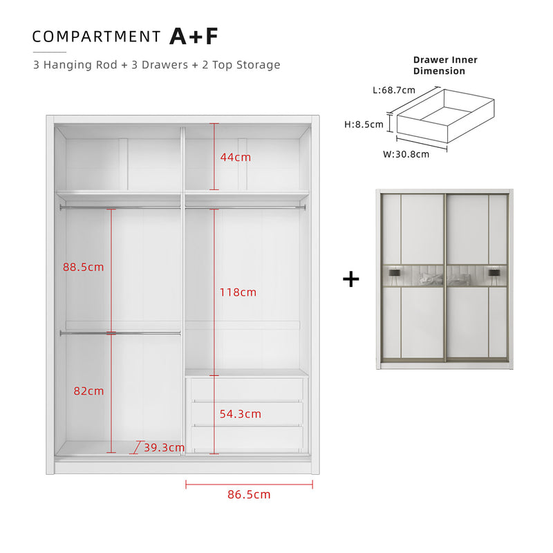(EM) [FREE Shipping & FREE Installation - ONLY KK] 6x8FT Melamine Sliding Wardrobe Bronze Frame Anti Jump Storage Cabinet Almari Baju