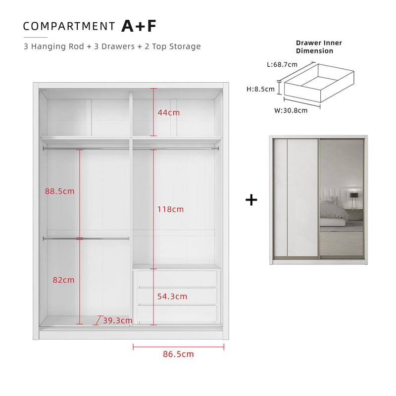 (FREE Shipping & FREE Installation) 6x8FT Melamine Sliding Wardrobe Bronze Frame Anti Jump Storage Cabinet Almari Baju