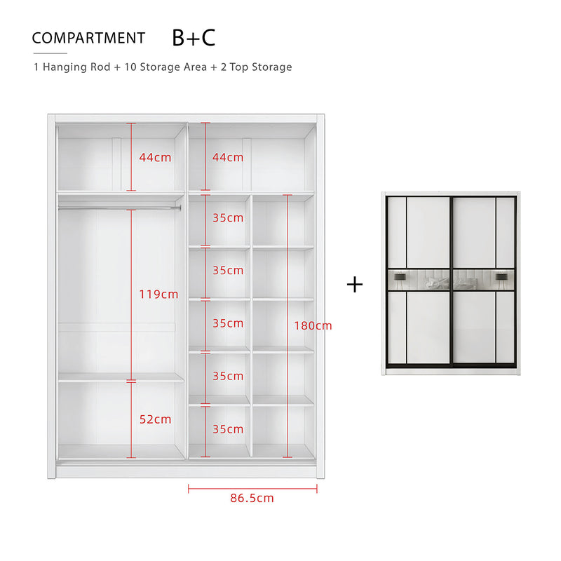 (EM) [FREE Shipping & FREE Installation - KK ONLY] 6x8FT Melamine Black Frame Sliding Wardrobe Almari Baju Almari Pakaian - B+B/B+C/B+D/B+F