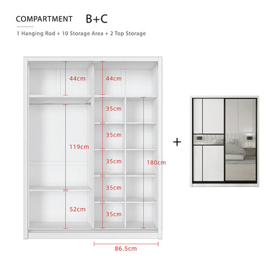 (EM) [FREE Shipping & FREE Installation - KK ONLY] 6x8FT Melamine Black Frame Sliding Wardrobe Almari Baju Almari Pakaian - B+B/B+C/B+D/B+F