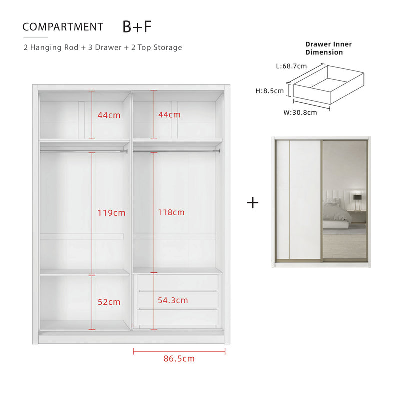 [FREE Shipping & FREE Installation] 6x8FT Melamine Sliding Wardrobe Bronze Frame Anti Jump Cabinet Almari Baju - B+B/B+D/B+E/B+F