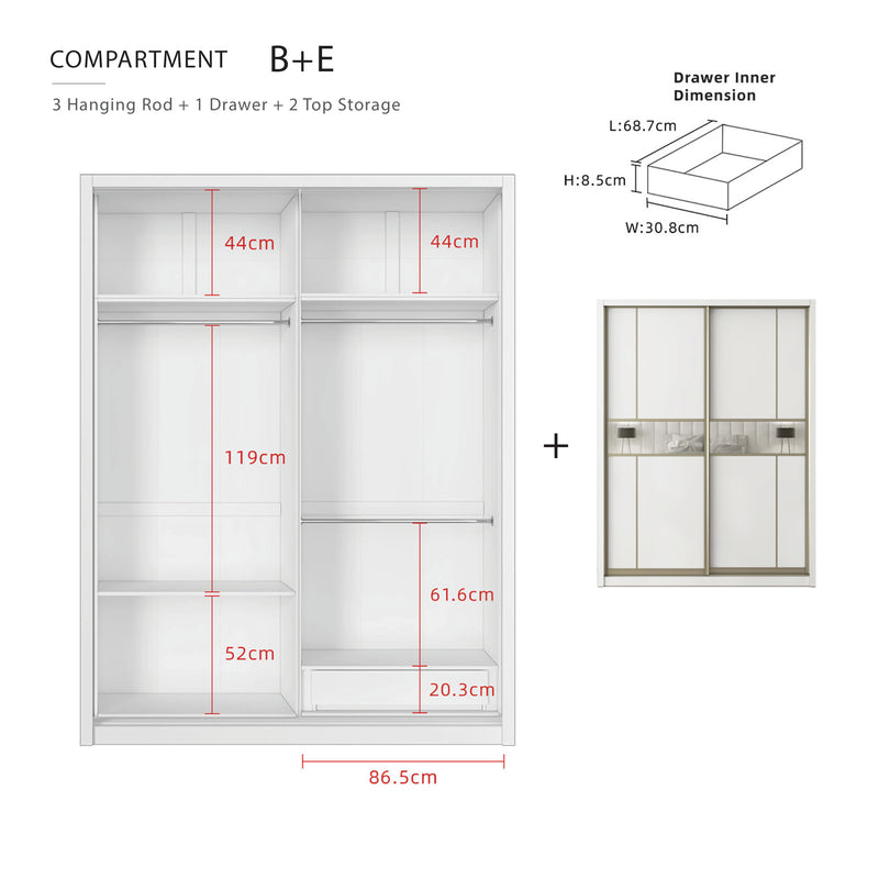 [FREE Shipping & FREE Installation] 6x8FT Melamine Sliding Wardrobe Bronze Frame Anti Jump Cabinet Almari Baju - B+B/B+D/B+E/B+F