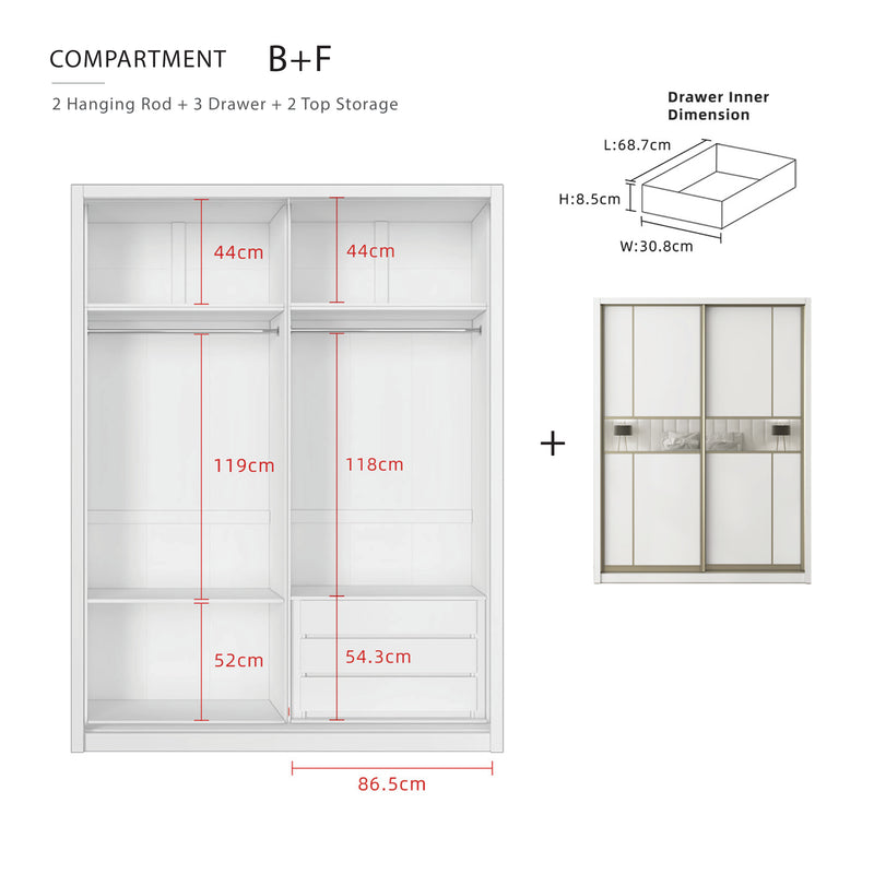 [FREE Shipping & FREE Installation] 6x8FT Melamine Sliding Wardrobe Bronze Frame Anti Jump Cabinet Almari Baju - B+B/B+D/B+E/B+F