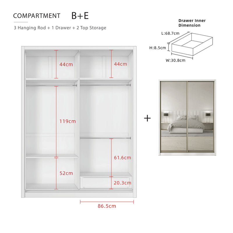 [FREE Shipping & FREE Installation] 6x8FT Melamine Sliding Wardrobe Bronze Frame Anti Jump Cabinet Almari Baju - B+B/B+D/B+E/B+F