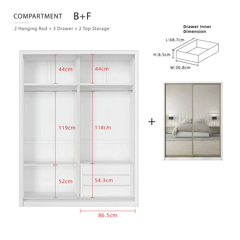 [FREE Shipping & FREE Installation] 6x8FT Melamine Sliding Wardrobe Bronze Frame Anti Jump Cabinet Almari Baju - B+B/B+D/B+E/B+F