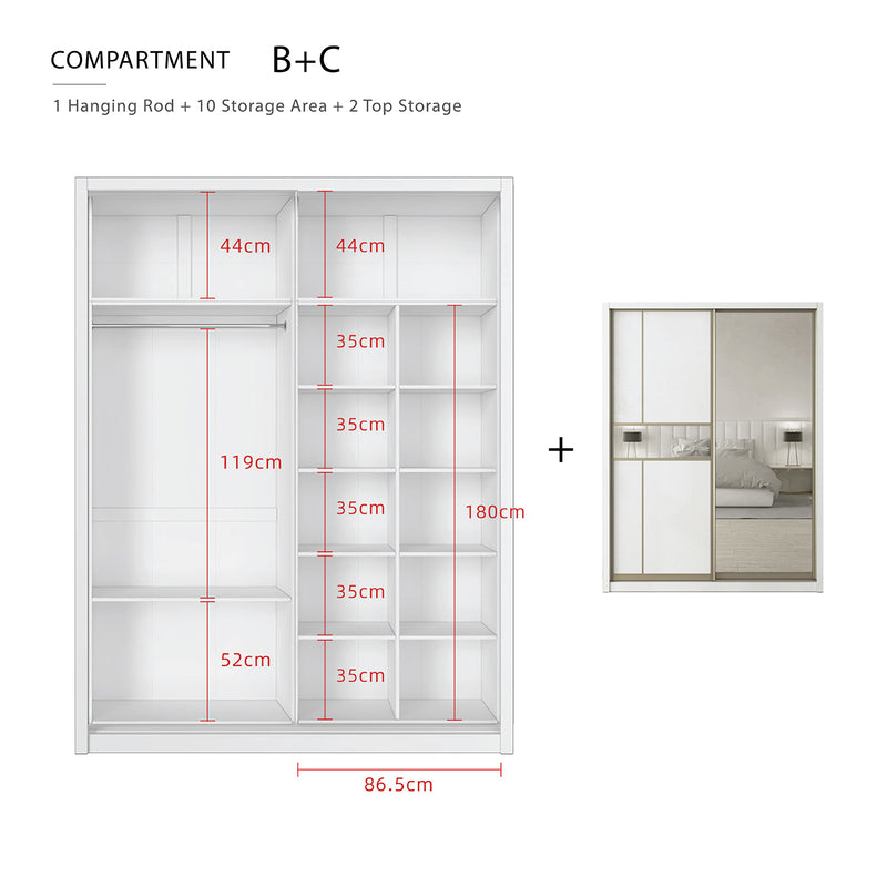 (EM) [FREE Shipping & FREE Installation - KK ONLY] 6x8FT Melamine Sliding Wardrobe Bronze Frame Anti Jump Cabinet Almari Baju - B+B/B+C/B+D/B+F