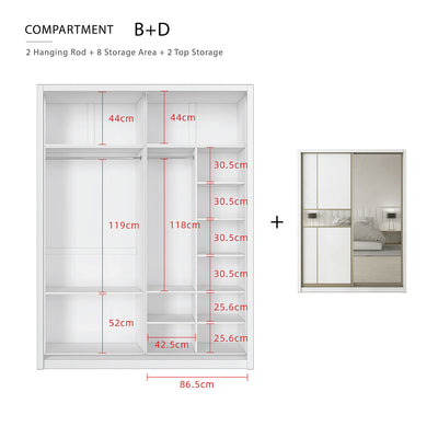 (EM) [FREE Shipping & FREE Installation - KK ONLY] 6x8FT Melamine Sliding Wardrobe Bronze Frame Anti Jump Cabinet Almari Baju - B+B/B+C/B+D/B+F