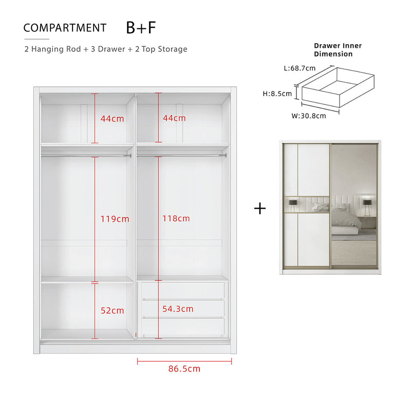 (EM) [FREE Shipping & FREE Installation - KK ONLY] 6x8FT Melamine Sliding Wardrobe Bronze Frame Anti Jump Cabinet Almari Baju - B+B/B+C/B+D/B+F