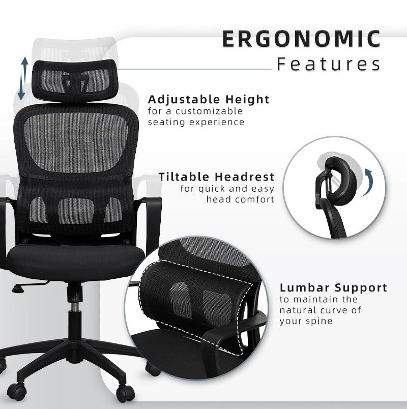 High Back Office Chair Ergonomic Executive Mesh Lumbar Leg Rest Footrest Kerusi Pejabat Ergonomik-Black/Grey