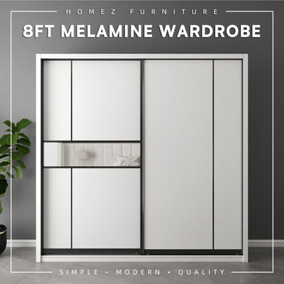 (EM) [FREE Shipping & FREE Installation - ONLY KK] 8FT x 8FT Full Melamine Sliding Wardrobe Anti-Jump Almari Baju Almari Pakaian Kabinet Baju