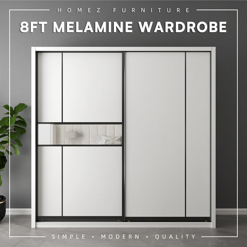 (EM) [FREE Shipping & FREE Installation - ONLY KK] 8FT x 8FT Full Melamine Sliding Wardrobe Anti-Jump Almari Baju Almari Pakaian Kabinet Baju