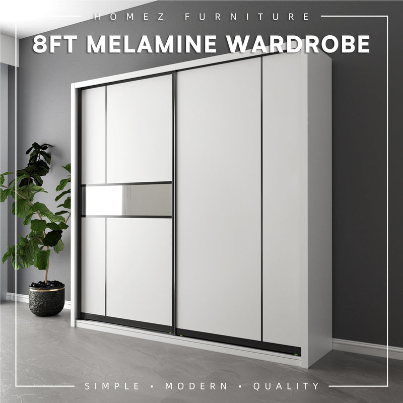 (EM) [FREE Shipping & FREE Installation - ONLY KK] 8FT x 8FT Full Melamine Sliding Wardrobe Anti-Jump Almari Baju Almari Pakaian Kabinet Baju