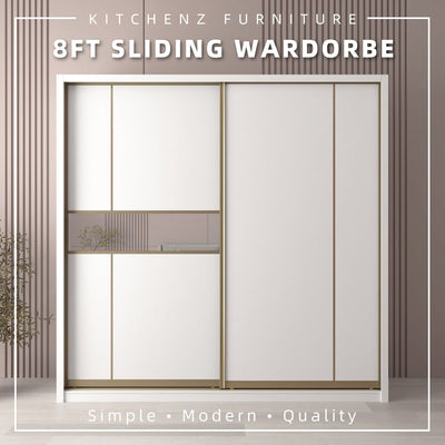 [FREE Shipping & FREE Installation] 8x8FT Melamine Gold Frame Sliding Wardrobe Almari Baju Almari Pakaian