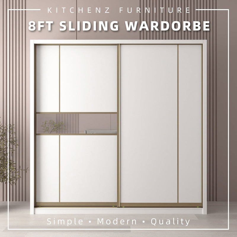 [FREE Shipping & FREE Installation] 8x8FT Melamine Gold Frame Sliding Wardrobe Almari Baju Almari Pakaian