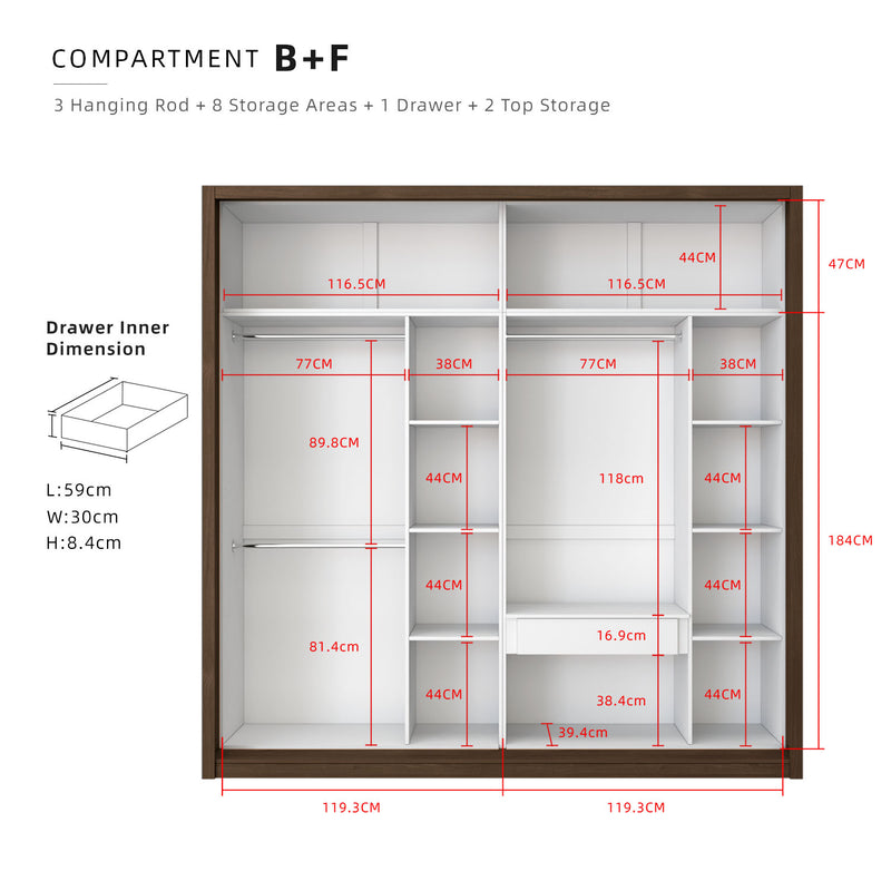 (FREE Shipping & FREE Installation) 8x8FT Melamine Sliding Wardrobe Bronze Frame Dark Brown Anti Jump 5 Tier Corner Cabinet Almari Baju Almari Pakaian Kabinet Tepi Almari