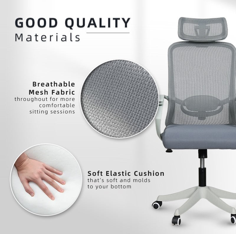 High Back Office Chair Ergonomic Executive Mesh Lumbar Leg Rest Footrest Kerusi Pejabat Ergonomik-Black/Grey