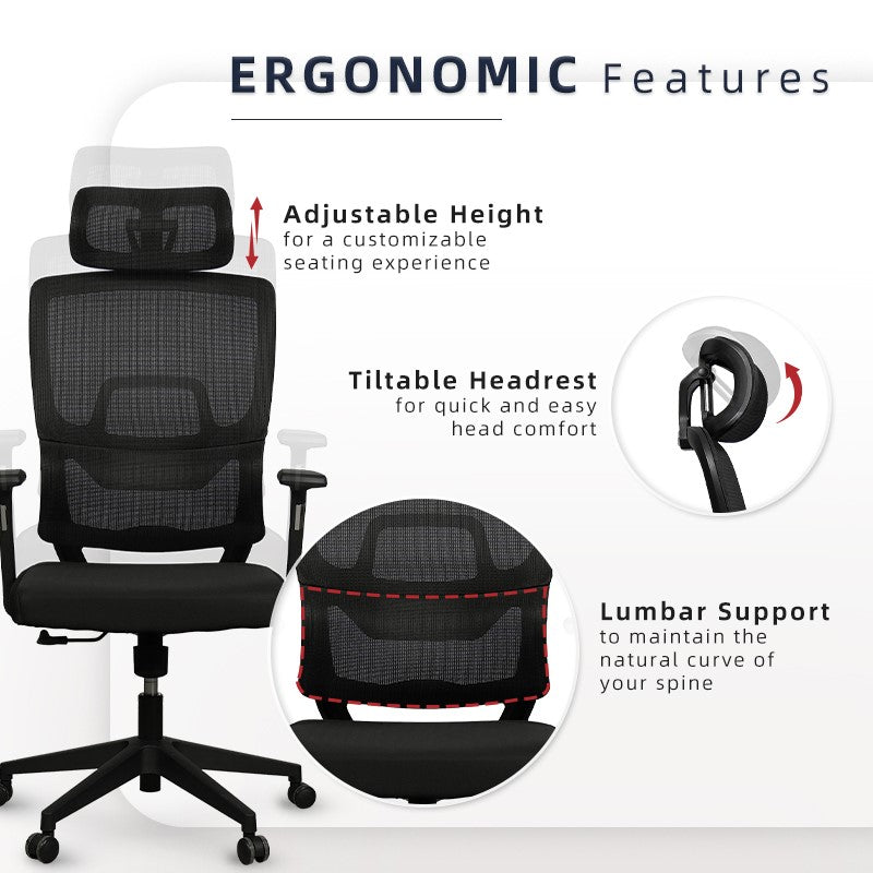 High Back Office Chair Ergonomic Executive Mesh Lumbar Leg Rest Footrest Kerusi Pejabat Ergonomik-Black/Grey