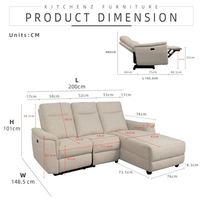 [PERFECT COMBO 3in1] - FREE SHIPPING 6.5FT 3 Seater Linen Fabric Power Recliner Sofa Coffee Table Free Gift 3-Tier Trolley Rack Living Room Combo Set - 50763-CR-L/GY-R+2905-WT+3TIER-WT