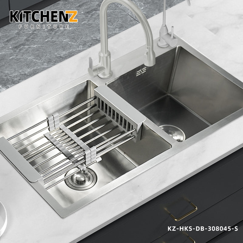 SUS304 Stainless Steel Handmade Double Bowl Kitchen Sink-KZ-HKS-DB-308045-S