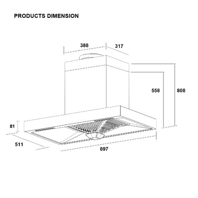 (FREE Shipping) Rubine ESSENTIAL SERIES 1600m³/hr T-Hood - RCH-BOXLINEX-90SS + 5.0Kw Built-in Hob - RGH-VISTA3B-BL