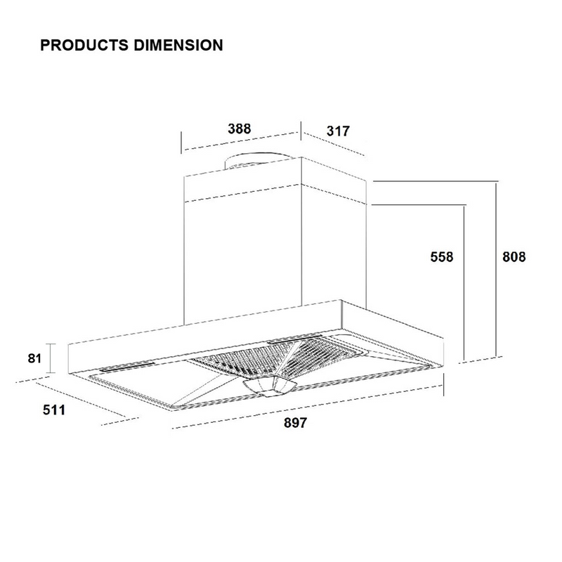 (FREE Shipping) Rubine ESSENTIAL SERIES 1600m³/hr T-Hood - RCH-BOXLINEXR-90SS + 5.0Kw Built-in Hob - RGH-VISTA2B-BL