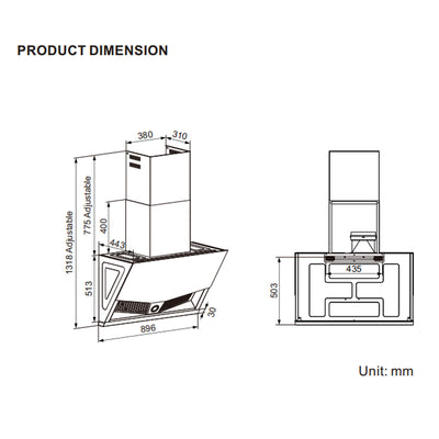 (FREE Shipping) Rubine Chimney Hood 1500 m³/hr Suction Power Stainless Steel RCH-MARKX-BL + FREE Ducting Hose DC18