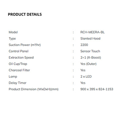 (FREE Shipping) Rubine Slanted Hood 2200 m³/hr Suction Power Stainless Steel RCH-MEERA-BL with Ducting Hose DC18