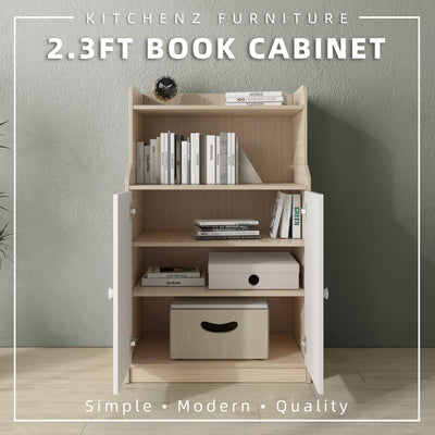 2.3FT Open Storage 2 Doors Book Cabinet Bookshelf Bookcase Natural Oak+White - HMZ-FN-BC-2727