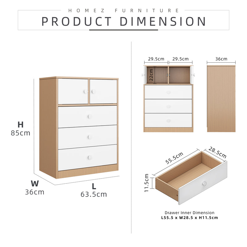 2.3FT Open Storage 2 Doors Book Cabinet Bookshelf Bookcase Natural Oak+White - BC-2727/BC-2729