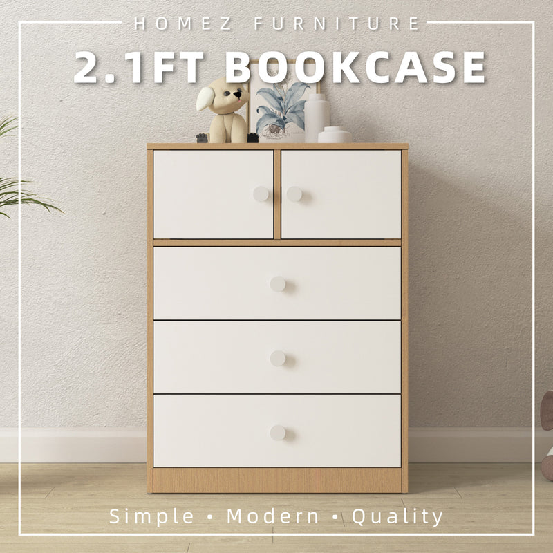 2.3FT Open Storage 2 Doors Book Cabinet Bookshelf Bookcase Natural Oak+White - BC-2727/BC-2729