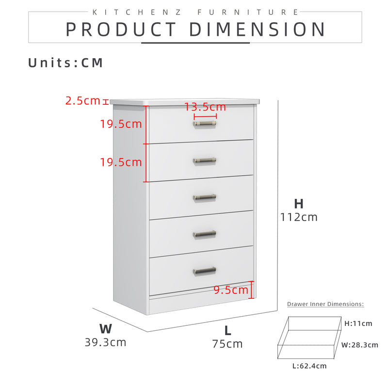 2.5FT Oliver Series Chest Drawer with 5 Layer Drawer Storage - HMZ-FN-CD-O0750-WT