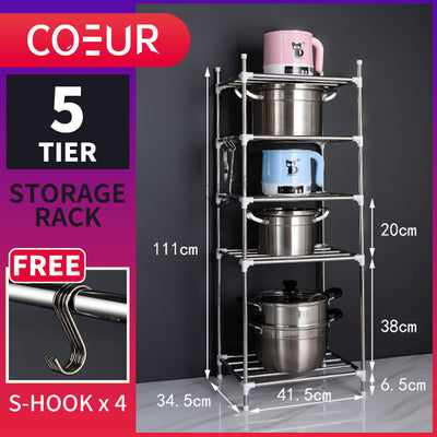 (Clearance) 5 Tier Coeur Stainless Steel Multi-function Pot Rack Kitchen Storage Rack Floor Standing Kitchen Supplies-COE-SR-LY288-5A