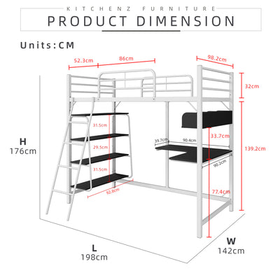 (EM) 6.5FT 3V Loft Bed Frame Study Table & Book Shelves Single Metal Bed Frame -3VAH904/BB8100