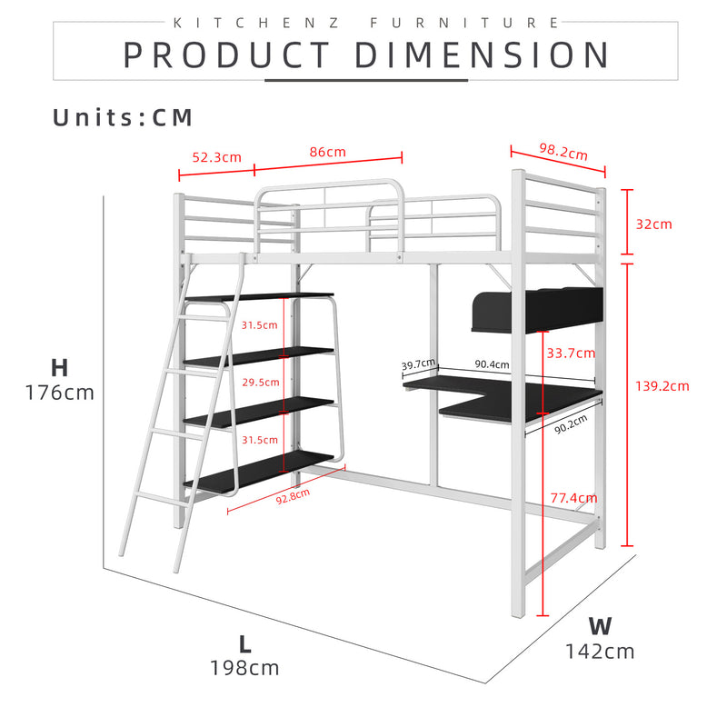 (EM) 6.5FT 3V Loft Bed Frame Study Table & Book Shelves Single Metal Bed Frame -3VAH904/BB8100