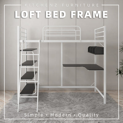 6.5FT 3V Loft Bed Frame Study Table & Book Shelves Single Metal Bed Frame -3VAH904/BB8100