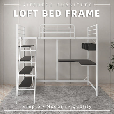 (EM) 6.5FT 3V Loft Bed Frame Study Table & Book Shelves Single Metal Bed Frame -3VAH904/BB8100