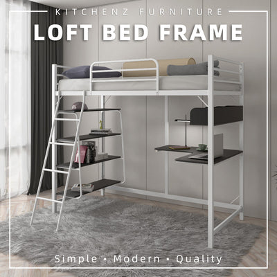 (EM) 6.5FT 3V Loft Bed Frame Study Table & Book Shelves Single Metal Bed Frame -3VAH904/BB8100