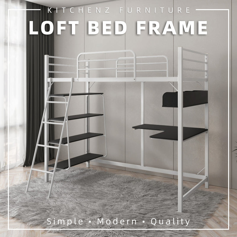 (EM) 6.5FT 3V Loft Bed Frame Study Table & Book Shelves Single Metal Bed Frame -3VAH904/BB8100