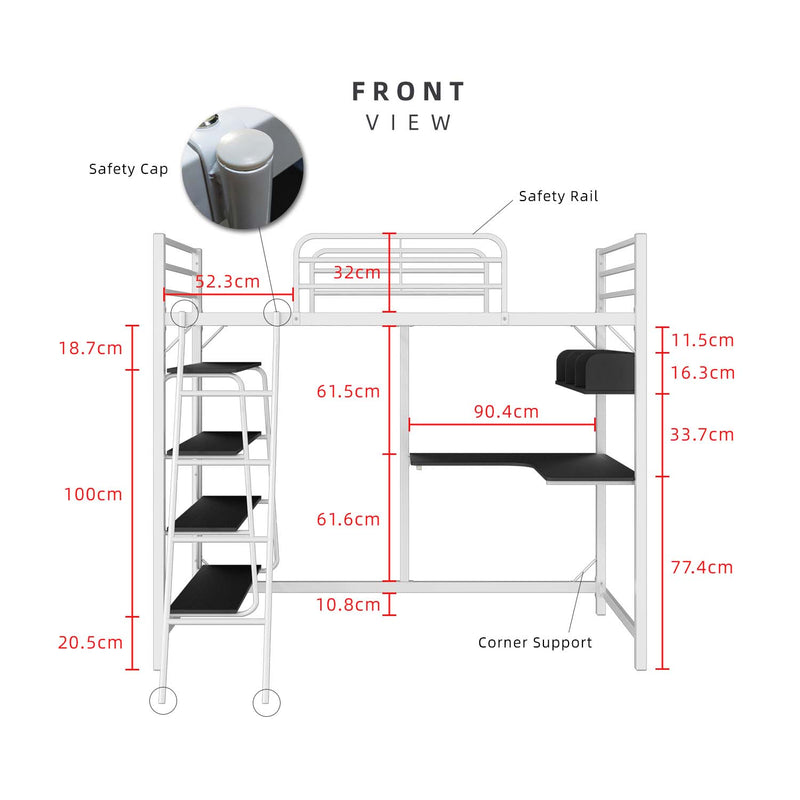 6.5FT 3V Loft Bed Frame Study Table & Book Shelves Single Metal Bed Frame -3VAH904/BB8100