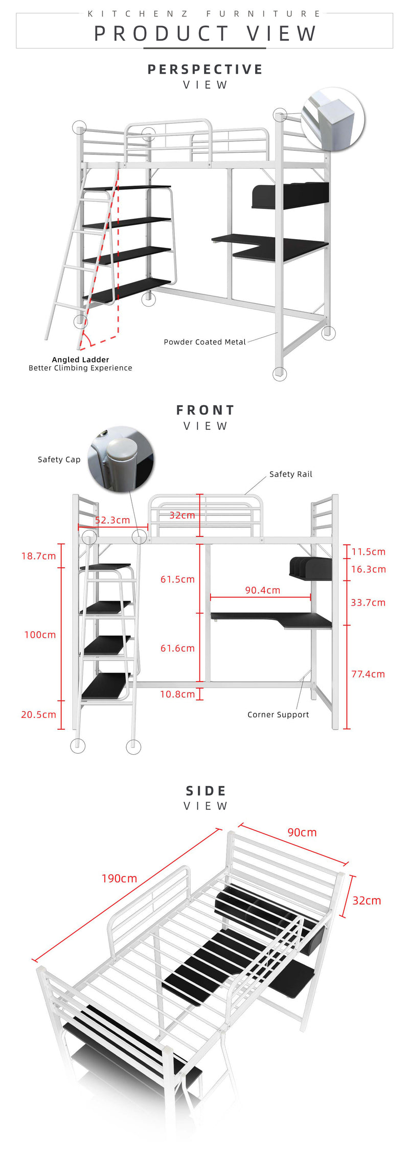 (EM) 6.5FT 3V Loft Bed Frame Study Table & Book Shelves Single Metal Bed Frame -3VAH904/BB8100