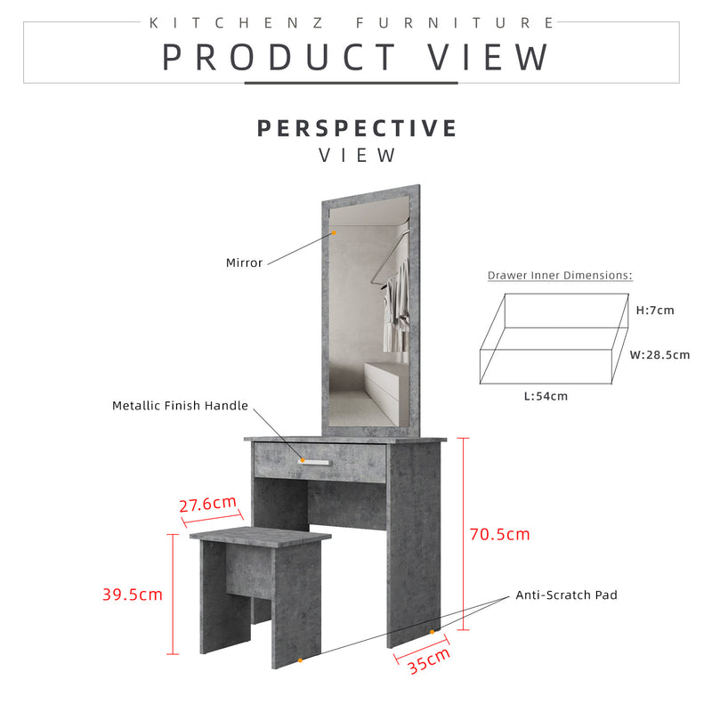 4FT x 6FT Alian Sliding Wardrobe Set / Side Table / Dressing Table - HMZ-FN-WD-3238-GY-SET